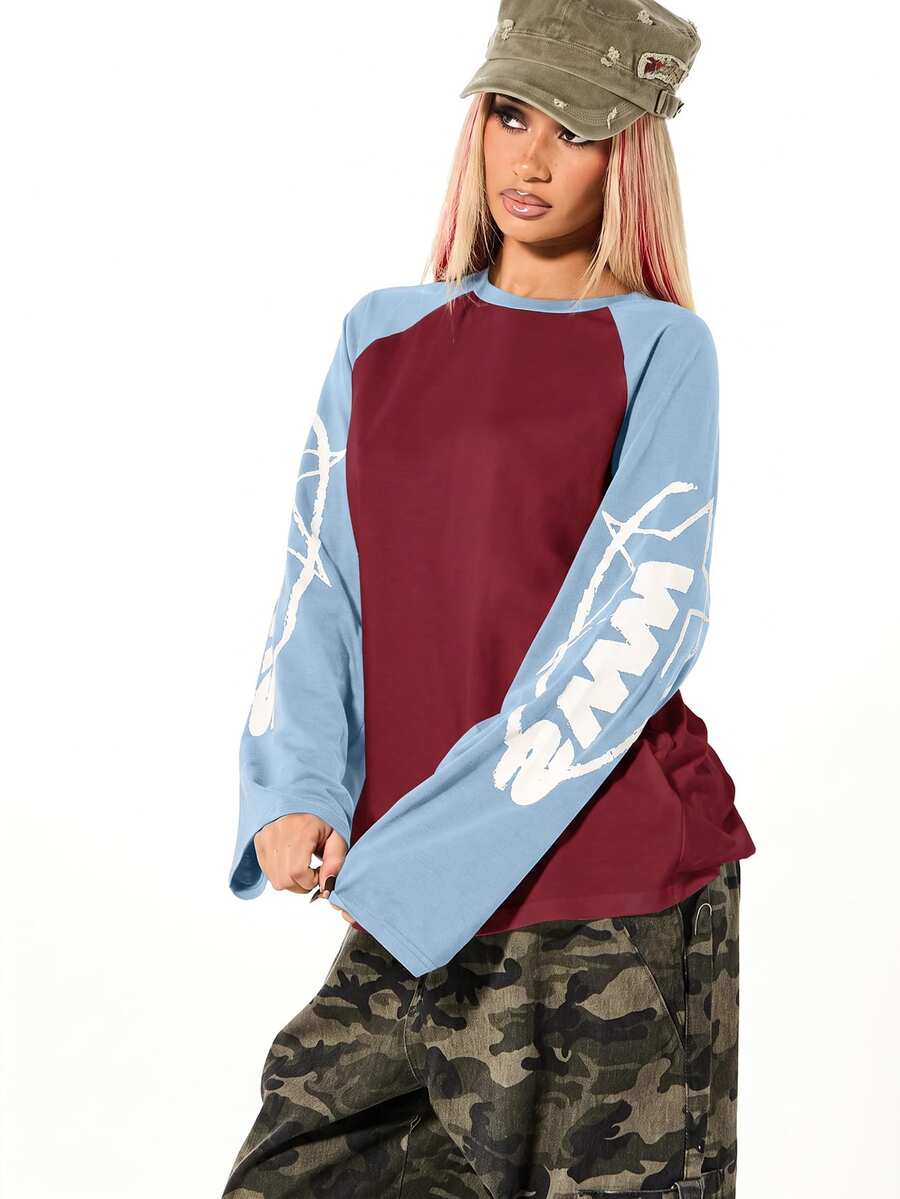 SUMWON WOMEN Oversized Raglan Long Sleeve Crop Top With Graphic Sleeve Print Color Block Contrast Panel Street Style Casual Tee - Multicolor - View 1