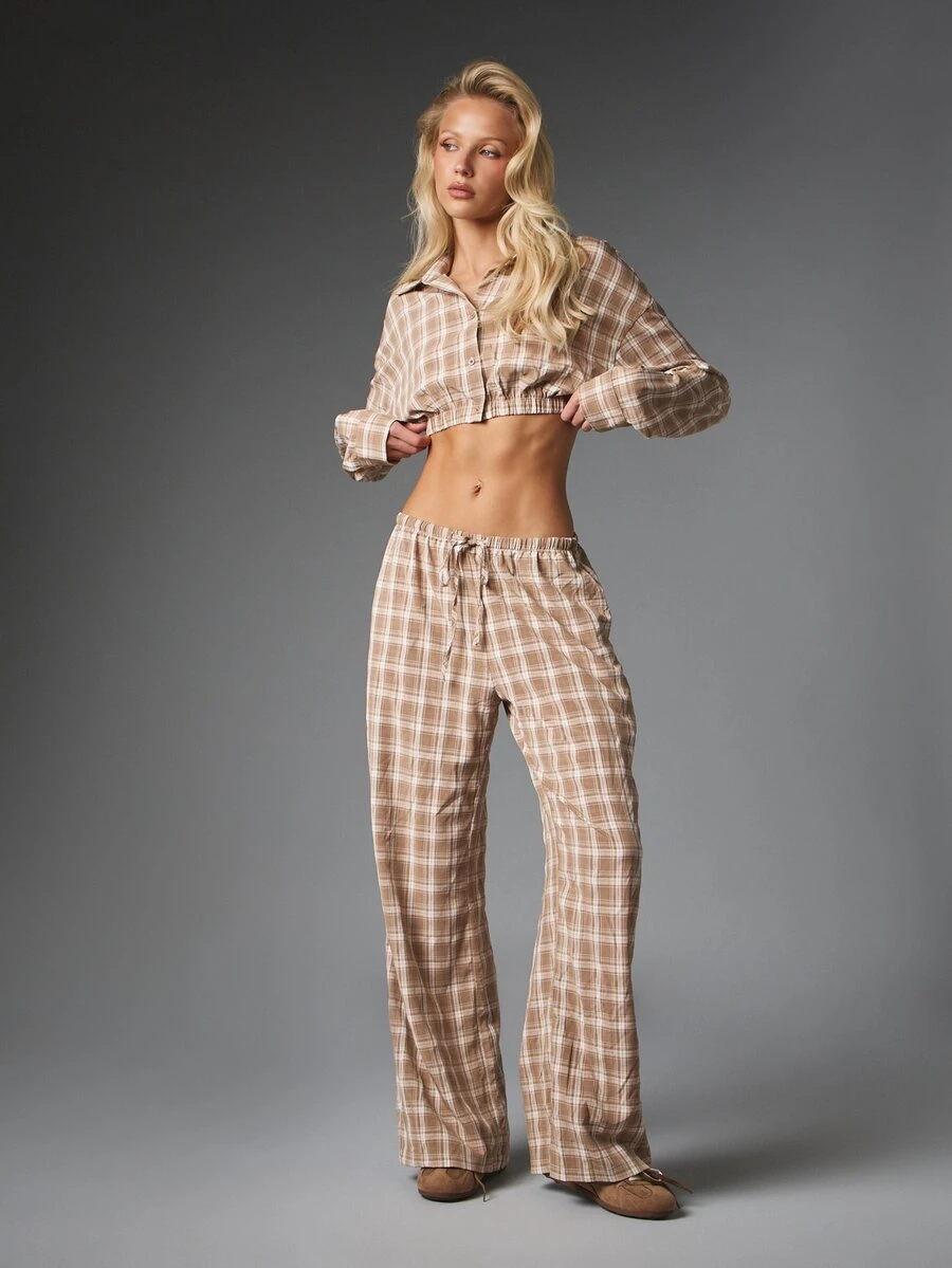 MISSGUIDED Plaid Co-Ord Set Cropped Collared Shirt With Elastic Hem And Wide Leg Casual Pants Drawstring Waist Two Pieces Autumn Winter Loungewear Outfit - Multicolor - View 1