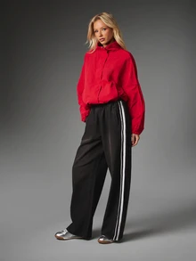 MISSGUIDED Wide Leg Casual Pants With Contrast Side Stripe Detail High Rise Elastic Waist Full Length Relaxed Fit Trousers - Black - View 5