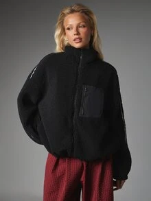MISSGUIDED Oversized Full-Zip Sherpa Fleece Jacket With High Neck Zip Chest Pocket And Contrast Sleeve Trim Winter Cozy Outerwear - Black and White - View 1