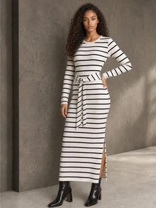 ELLERISSA White & Black Stripe Round Neck Long Sleeve Tie Waist Rib Knit Midi Dress - Apricot - View 4