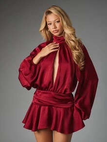 MISSGUIDED Satin Mini Dress With High Neck Plunge Front Cut-Out Puff Sleeves Ruffle Hem Fit And Flare Silhouette Holiday Party - Red - View 1