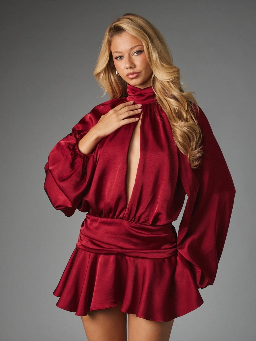 MISSGUIDED Satin Mini Dress With High Neck Plunge Front Cut-Out Puff Sleeves Ruffle Hem Fit And Flare Silhouette Holiday Party - Red - View 1