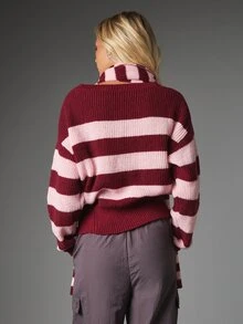 MISSGUIDED Burgundy And Pink Bold Horizontal Stripe Turtleneck Cropped Sweater Oversized Chunky Knit Long Sleeve Autumn Winter Pullover - Multicolor - View 2