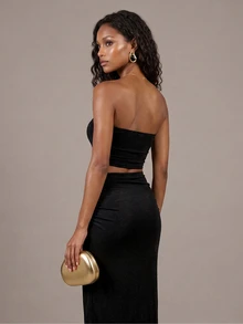 QUIZ Black Sparkly Ruched Strapless Bandeau Crop Top With Gold Hardware Trim, Weekend Outfit For Women, Party Top, Club Outfit, Holiday Night Outfit, Chic Fall Outfits For Women - Black - View 7