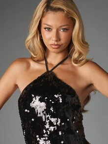 MISSGUIDED Sequin Halter Neck Fit And Flare Mini Dress With Open Back Tie Detail For Party Night Out Holiday Season - Black - View 4