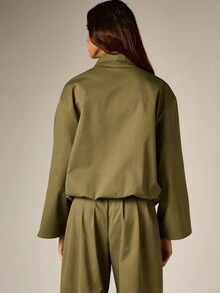 AiiRZ Oversized Military-Inspired Jacket With Stand Collar Full-Length Zipper And Decorative Frog Clasp Closures Wide Sleeve Hip Length Outerwear - Army Green - View 3