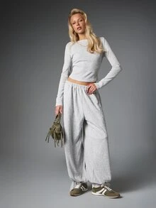 MISSGUIDED Cosy Waffle Knit Co-Ord Set Boat Neck Long Sleeve Crop Top And Wide Leg Lounge Pants Two Pieces Autumn Winter Set - Grey - View 6