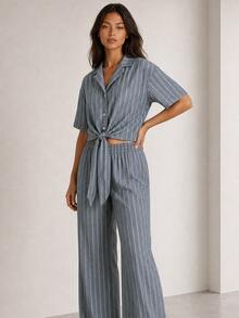 ELLERISSA Blue Pinstripe Collared Short Sleeve Tie Front Shirt & Wide Leg Pants Co-Ord Set - Blue - View 3