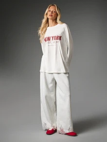 MISSGUIDED Wide Leg Casual Pants With Floral Lace Trim Hem Elastic Waist Relaxed Fit Full Length Marl Knit Lounge Trousers - Grey - View 5