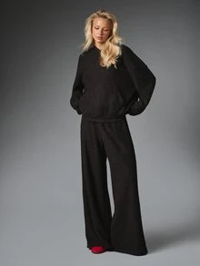 MISSGUIDED Cozy Wide Leg Boucle Pants With Drawstring High Rise Waist Full Length Palazzo Style Lounge Casual Trousers Fall Winter - Black - View 5