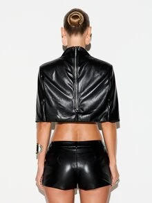 KIZN Faux Leather Crop Top Mock High Neck Short Sleeve Back Zipper Closure Boxy Oversized Summer Party Night Out Top - Black - View 2