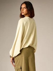 AiiRZ Oversized Batwing Long Sleeve Blouse With Crew Neck And Elasticated Cuffs Flowing Relaxed Fit Top For Spring Summer Casual Everyday Wear - Apricot - View 3