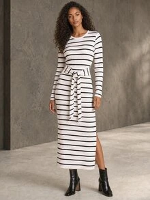 ELLERISSA White & Black Stripe Round Neck Long Sleeve Tie Waist Rib Knit Midi Dress - Apricot - View 1