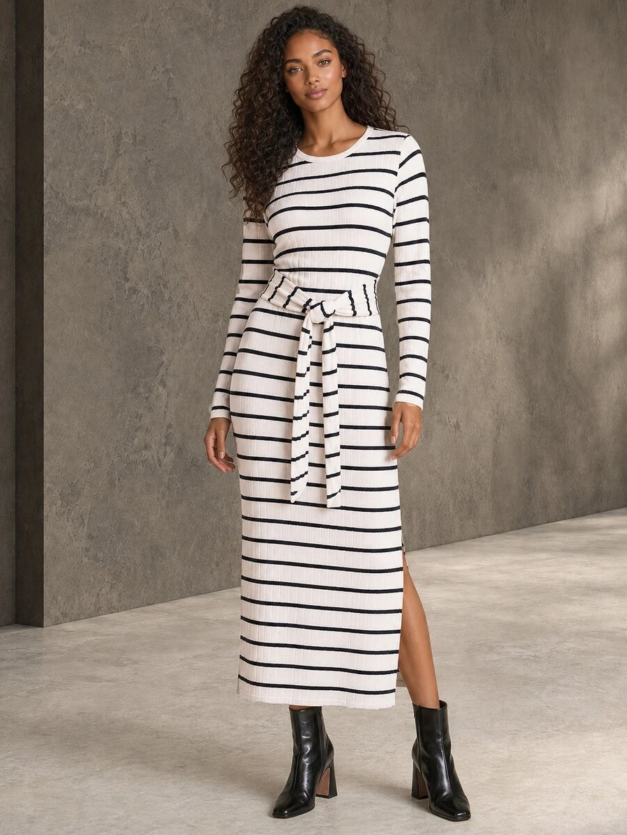 ELLERISSA White & Black Stripe Round Neck Long Sleeve Tie Waist Rib Knit Midi Dress - Apricot - View 1
