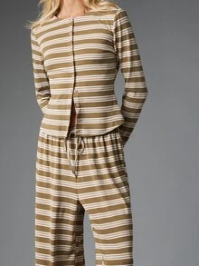 MISSGUIDED Striped Crop Button-Front Long Sleeve Top And Wide Leg Drawstring Pants Co-Ord Two Pieces Matching Set - Multicolor - View 5
