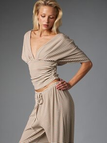 MISSGUIDED Striped Co-Ord Set Plunge V-Neck Ruched Batwing Crop Top And Wide Leg Drawstring Pants Two Pieces Summer Holiday Outfit - Multicolor - View 5