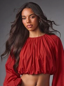 MISSGUIDED Ruched Gathered Crop Top With Bishop Balloon Sleeves And Elasticated Hem Holiday Party Festive Blouse - Red - View 4