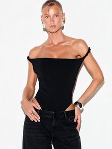 KIZN Off Shoulder Backless Bodysuit With Twisted Rope Trim Neckline Sleeveless Fitted Body Suit Deep Open Back Summer Night Out Top - Black - View 2