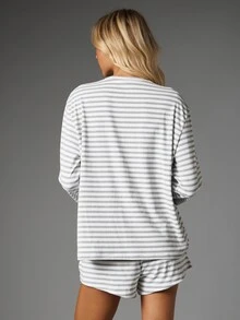 MISSGUIDED Striped Long Sleeve Oversized Top And Mini Shorts Lounge Co-Ord Set Soft Knit Boat Neck Pajama Two-Piece Matching Set - Black and White - View 2