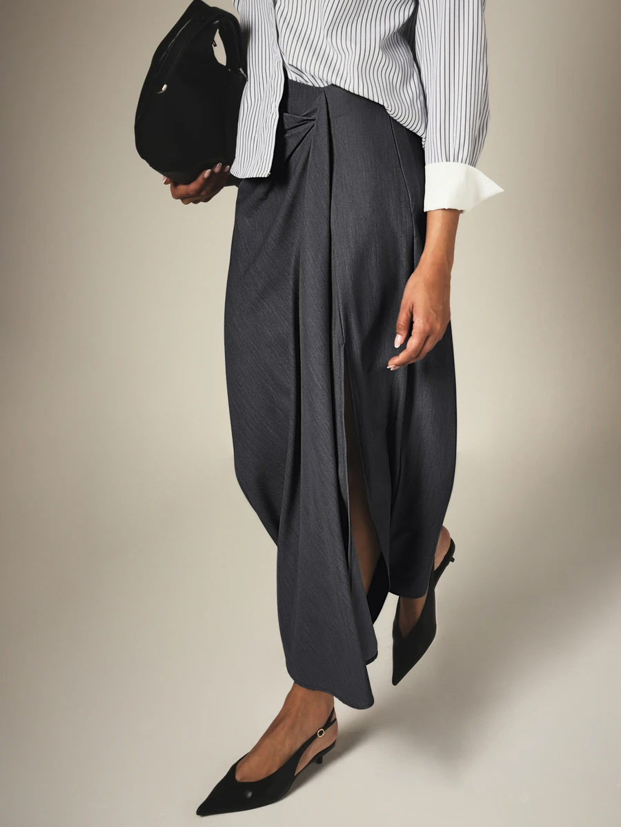 KSTM Draped Wrap Skirt With Asymmetric Hem And Front Slit Elegant Tailored Suiting Fabric Office To Evening Style - Grey - View 1