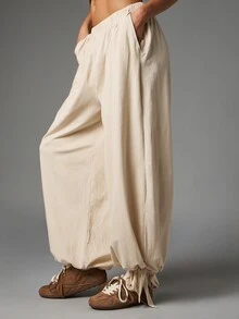 MISSGUIDED Ruched Boat Neck Crop Top And Balloon Wide Leg Parachute Pants Co-Ord Two Pieces Set With Elastic Waist And Ankle Ties - Apricot - View 5