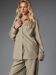 MISSGUIDED Gingham Check Co-Ord Set Oversized Collared Long Sleeve Shirt And Wide Leg Full Length Casual Pants Autumn Winter Two Pieces Matching Outfit - Multicolor - View 3