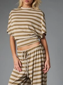 MISSGUIDED Striped Co-Ord Set Oversized Crop Boxy Tee And Wide Leg Pull-On Pants With Elastic Waist Summer Casual Loungewear Two Pieces Outfit - Multicolor - View 4