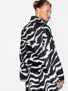 KIZN Atasan Satin Oversized Motif Zebra dengan Kerah Tegak, Motif Hewan Seluruh Bagian, Pullover Panjang Pinggul, Jaket Potongan Longgar - MultiWarna - View 2