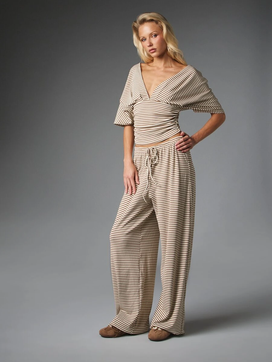 MISSGUIDED Striped Co-Ord Set Plunge V-Neck Ruched Batwing Crop Top And Wide Leg Drawstring Pants Two Pieces Summer Holiday Outfit - Multicolor - View 1