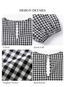 ELLERISSA Atasan Peplum Leher V Lengan Mengembang dengan Pinggang Berkerut Motif Kotak-kotak Hitam Putih - Hitam dan Putih - View 7
