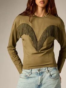 AiiRZ Olive Long Sleeve Crop Top With Western Fringe Detail Crew Neck Casual Fall Winter Style - Army Green - View 2