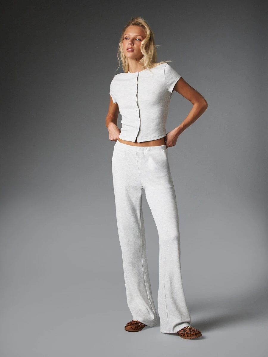 MISSGUIDED Ribbed Button-Front Crop Top And Wide-Leg Lounge Pants Co-Ord Set Crew Neck Cap Sleeve Casual Two Pieces Outfit - Grey - View 1