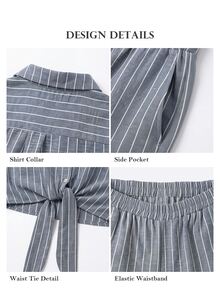 ELLERISSA Blue Pinstripe Collared Short Sleeve Tie Front Shirt & Wide Leg Pants Co-Ord Set - Blue - View 7