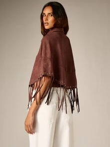 AiiRZ Faux Suede Cropped Cape Jacket With Fringe Hem Metal Eyelets Half Zip Collar Fall Winter Boho Festival Outerwear - Coffee Brown - View 3
