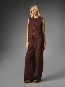 MISSGUIDED Waffle Knit Co-Ord Set Sleeveless Button-Front Crop Vest And High Rise Wide Leg Drawstring Trousers Two Pieces Autumn Winter Outfit - Chocolate Brown - View 5