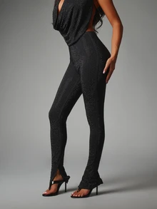 MISSGUIDED Rhinestone Embellished High Rise Skinny Leggings With Split Hem Full Length Crystal Studded Party Night Out New Year - Black - View 1