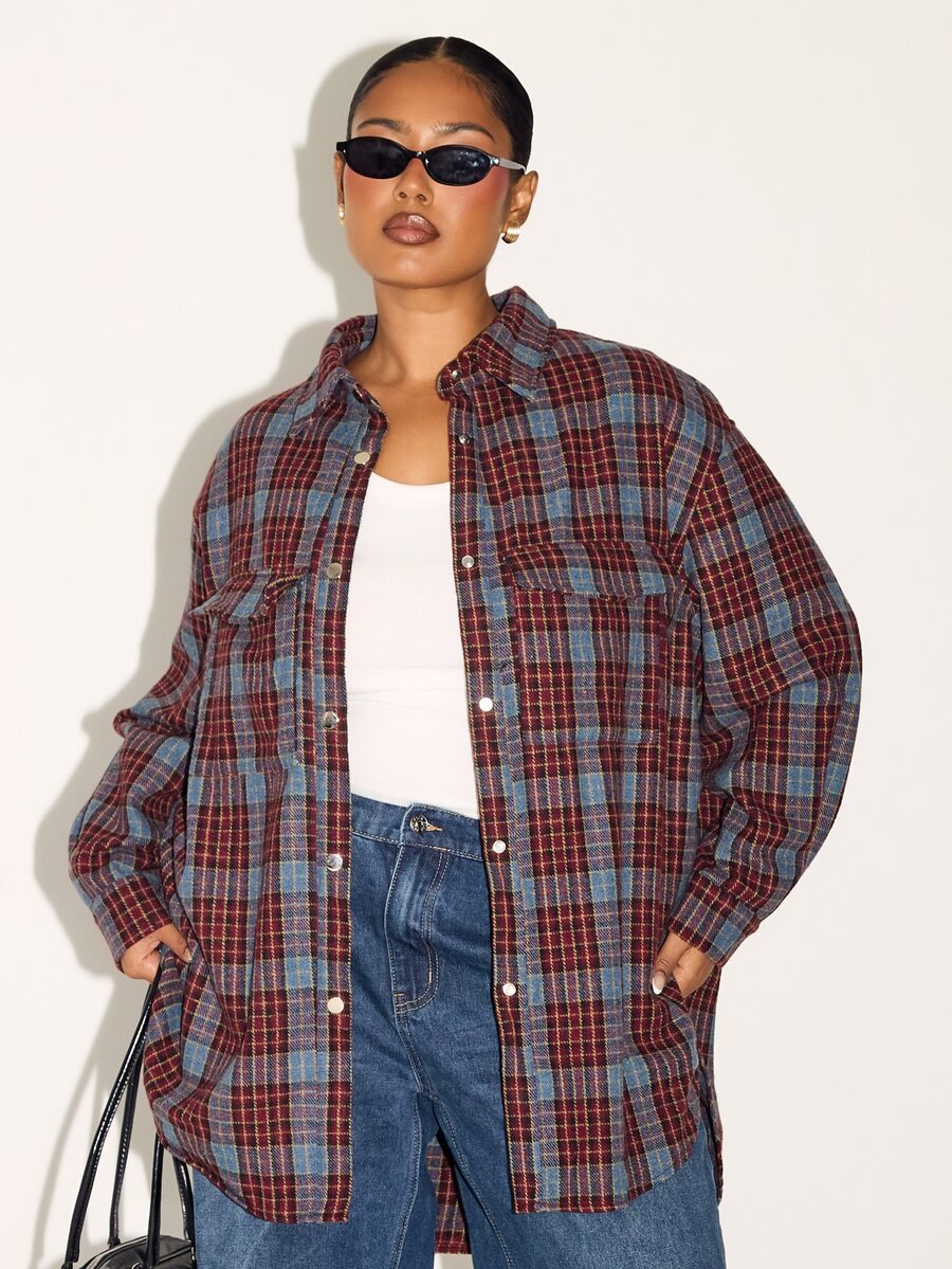 FASHION SZN Jaket Kotak-Kotak Ukuran Besar Kasual untuk Musim Gugur dan Dingin, Pakaian Berlapis Kurva Overshirt Wanita, Pakaian Musim Gugur Baru Gaya Y2K untuk Kerja, Esensial Lemari Mantel Kotak-Kotak Ukuran Besar - MultiWarna - View 1