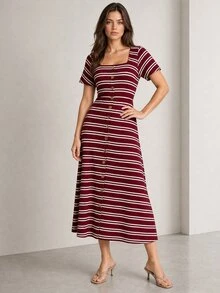 ELLERISSA Burgundy Striped Square Neck Short Sleeve Button Front Knit Midi Dress - Burgundy - View 1