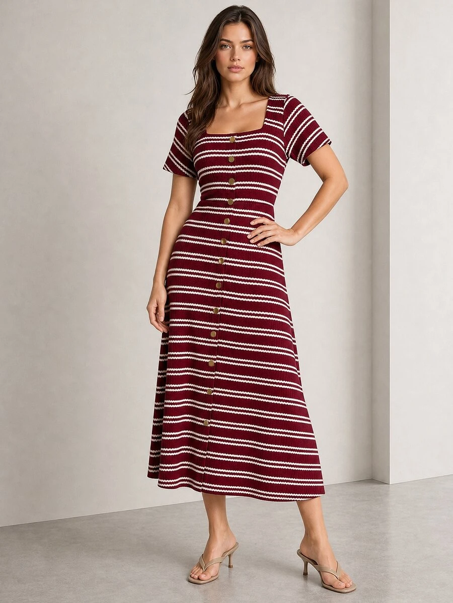 ELLERISSA Burgundy Striped Square Neck Short Sleeve Button Front Knit Midi Dress - Burgundy - View 1