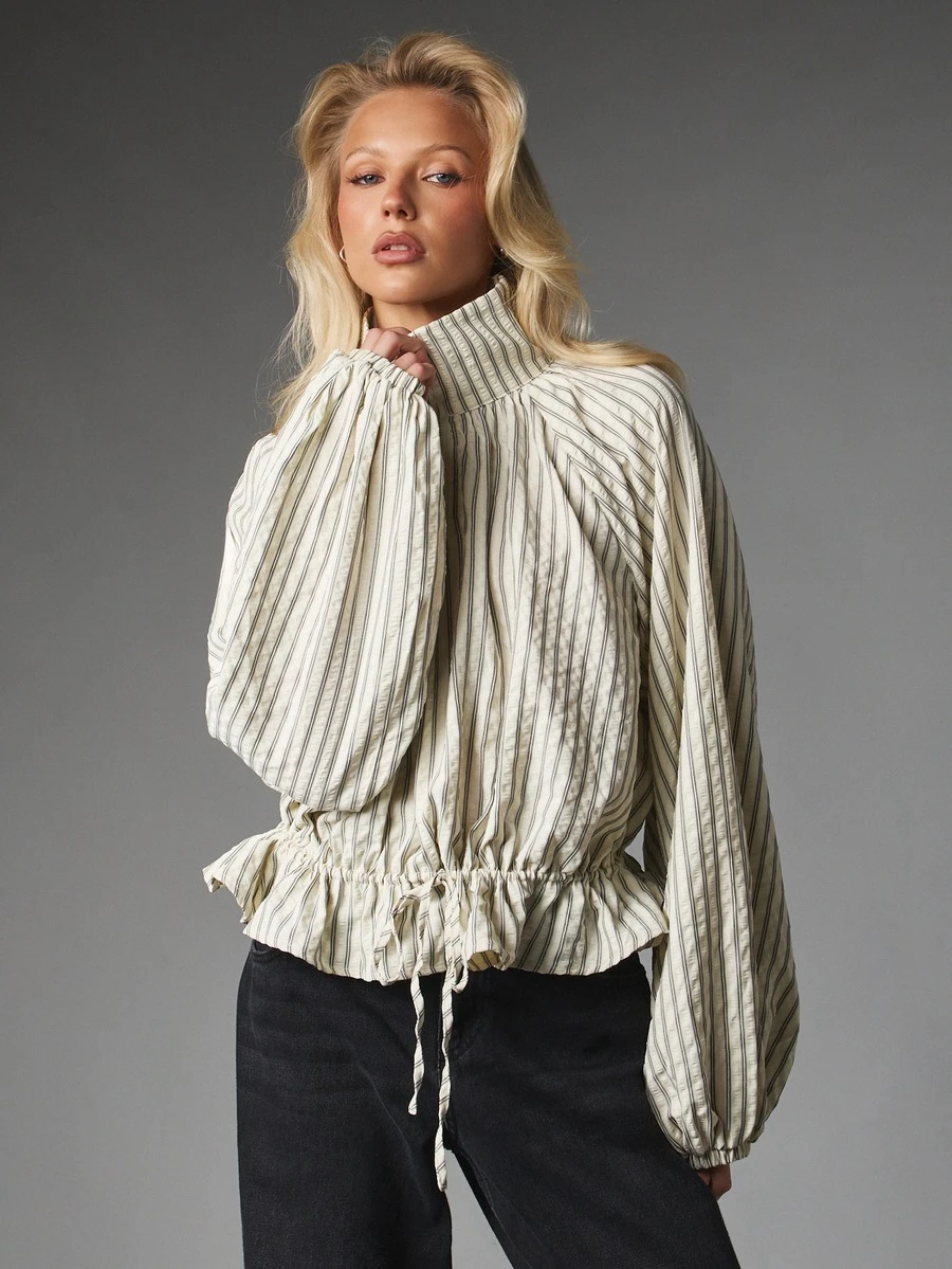 MISSGUIDED Oversized Striped Blouse Top With Stand Collar Zip Neck Balloon Sleeves And Drawstring Ruched Hem Detail - Green - View 1