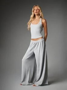 MISSGUIDED Ribbed Crop Tank Top And Palazzo Wide Leg Waffle Knit Co-Ord Set Scoop Neck Sleeveless Loungewear Two Piece Outfit - Grey - View 4