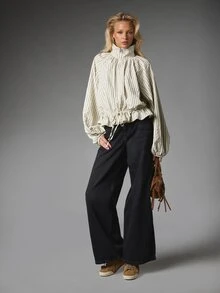 MISSGUIDED Oversized Striped Blouse Top With Stand Collar Zip Neck Balloon Sleeves And Drawstring Ruched Hem Detail - Green - View 3