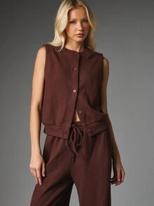 MISSGUIDED Waffle Knit Co-Ord Set Sleeveless Button-Front Crop Vest And High Rise Wide Leg Drawstring Trousers Two Pieces Autumn Winter Outfit - Chocolate Brown - View 4