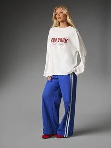 MISSGUIDED Wide Leg Track Pants With Contrast Side Stripe Detail Elastic Waist Pull On Full Length Casual Trousers Spring Summer Festival - Blue - View 5