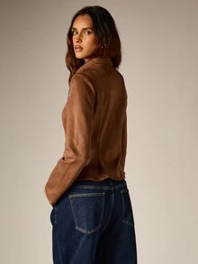 AiiRZ Faux Suede Zip-Up Fitted Jacket With Pointed Collar And Long Sleeves Autumn Winter Layering Essential - Brown - View 3