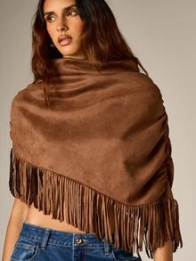 AiiRZ Faux Suede Fringe Trim Wrap Shawl Crop Top High Neck Ruched Sleeve Boho Western Festival Style - Brown - View 2