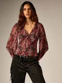 AiiRZ Paisley Print V-Neck Bell Sleeve Chiffon Blouse With Ruched Detail Fall Winter Boho Party Night Out Top - Multicolor - View 1