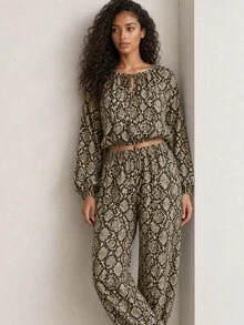 ELLERISSA Snake Print Tie Neck Long Sleeve Elastic Waist Top & Wide Leg Pants Co-Ord Set - Multicolor - View 4