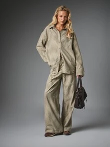 MISSGUIDED Gingham Check Co-Ord Set Oversized Collared Long Sleeve Shirt And Wide Leg Full Length Casual Pants Autumn Winter Two Pieces Matching Outfit - Multicolor - View 4